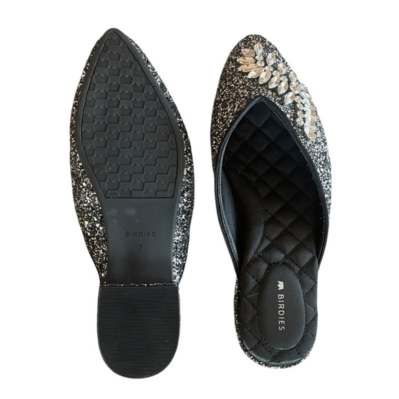 BIRDIES The Swan Women's Size 7 Jeweled Gunmetal Elegant Glittery Slip-On Mules - Picture 9 of 10
